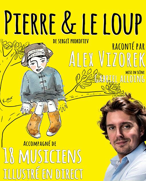 Affiche. Forum de Liège. Pierre et le loup, raconté par Alex Vizorek accompagné de 18 musiciens. 2020-01-11